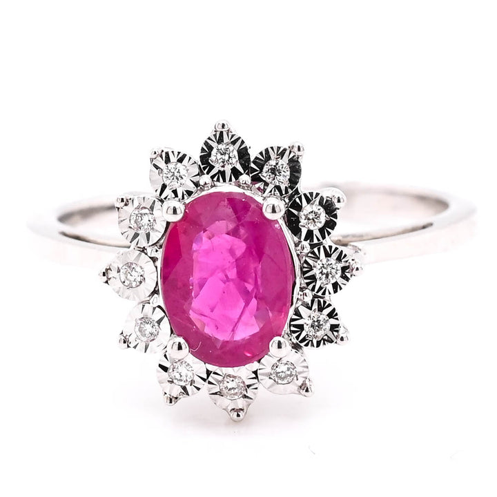 Graziella 14KT White Gold 0.80CT Oval Ruby &amp; Diamond Cluster Ring - Size 6