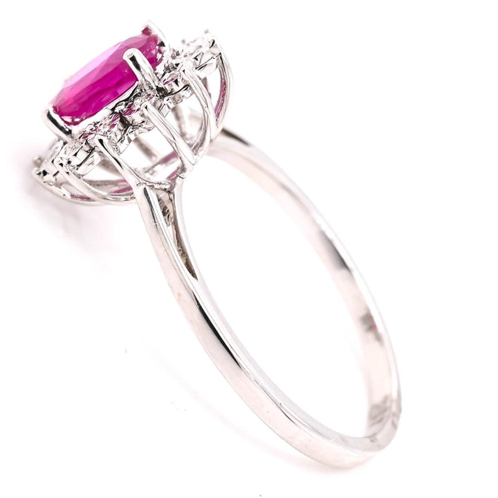 Graziella 14KT White Gold 0.80CT Oval Ruby &amp; Diamond Cluster Ring - Size 6