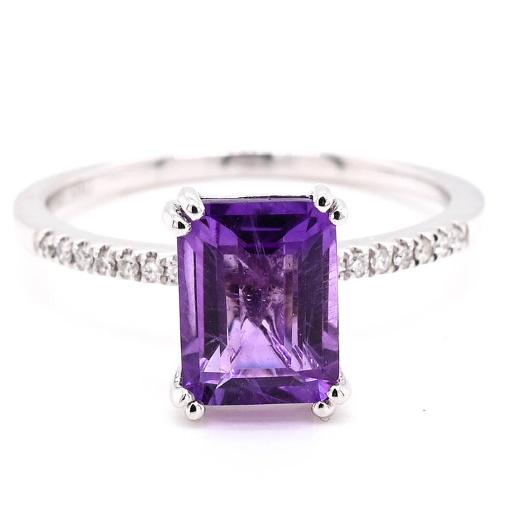 Graziella 14KT White Gold Amethyst &amp; Diamond Ring - Size 6.5