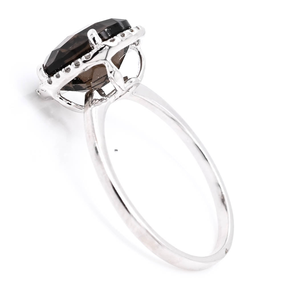 Graziella 14KT White Gold Oval Smokey Quartz &amp; Diamond Halo Ring - Size 6.25