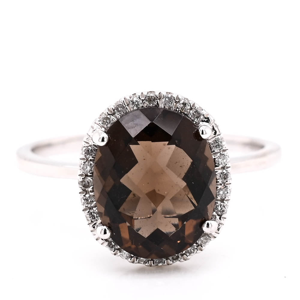 Graziella 14KT White Gold Oval Smokey Quartz &amp; Diamond Halo Ring - Size 6.25