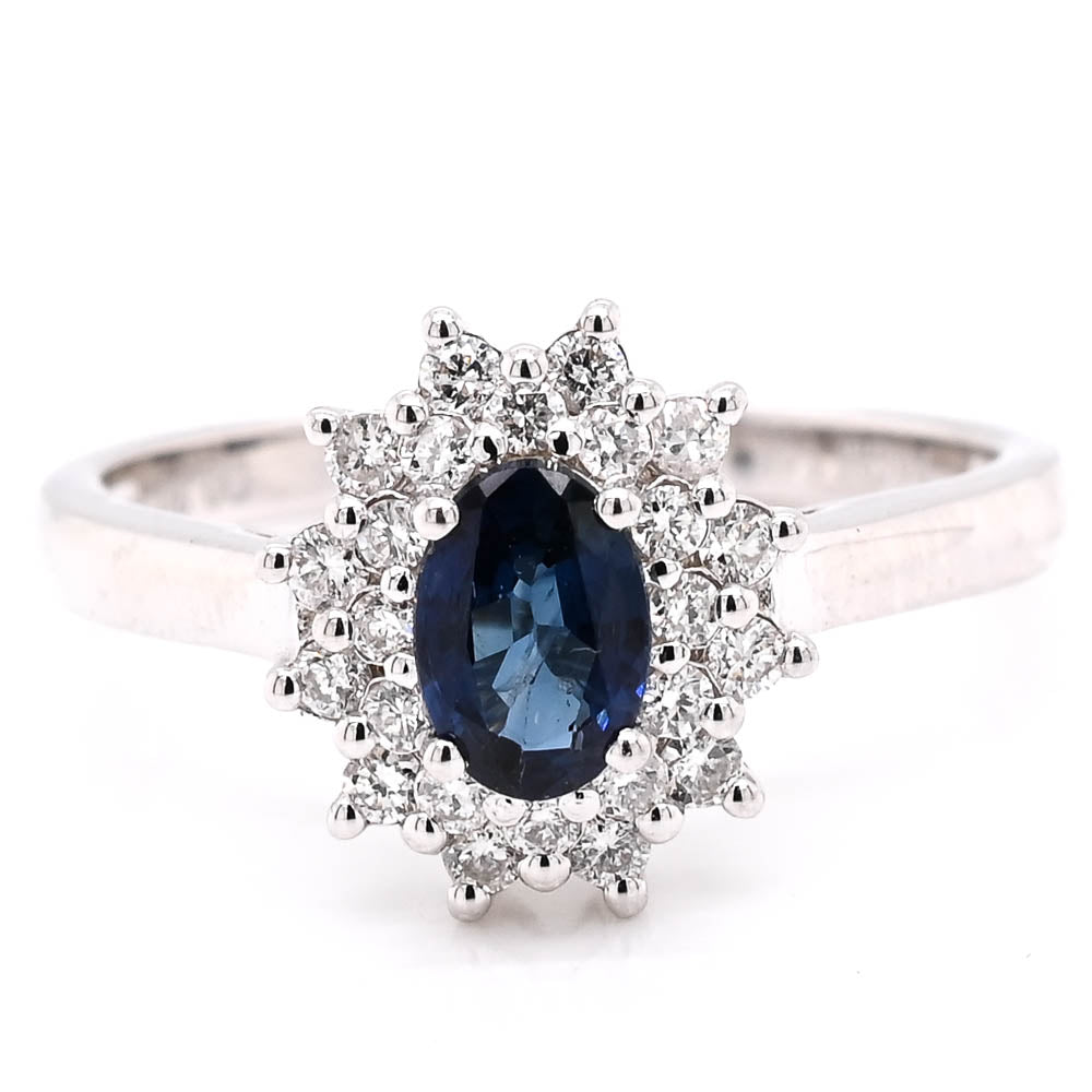 14KT White Gold Blue Sappire &amp; Diamond Cluster Ring.
