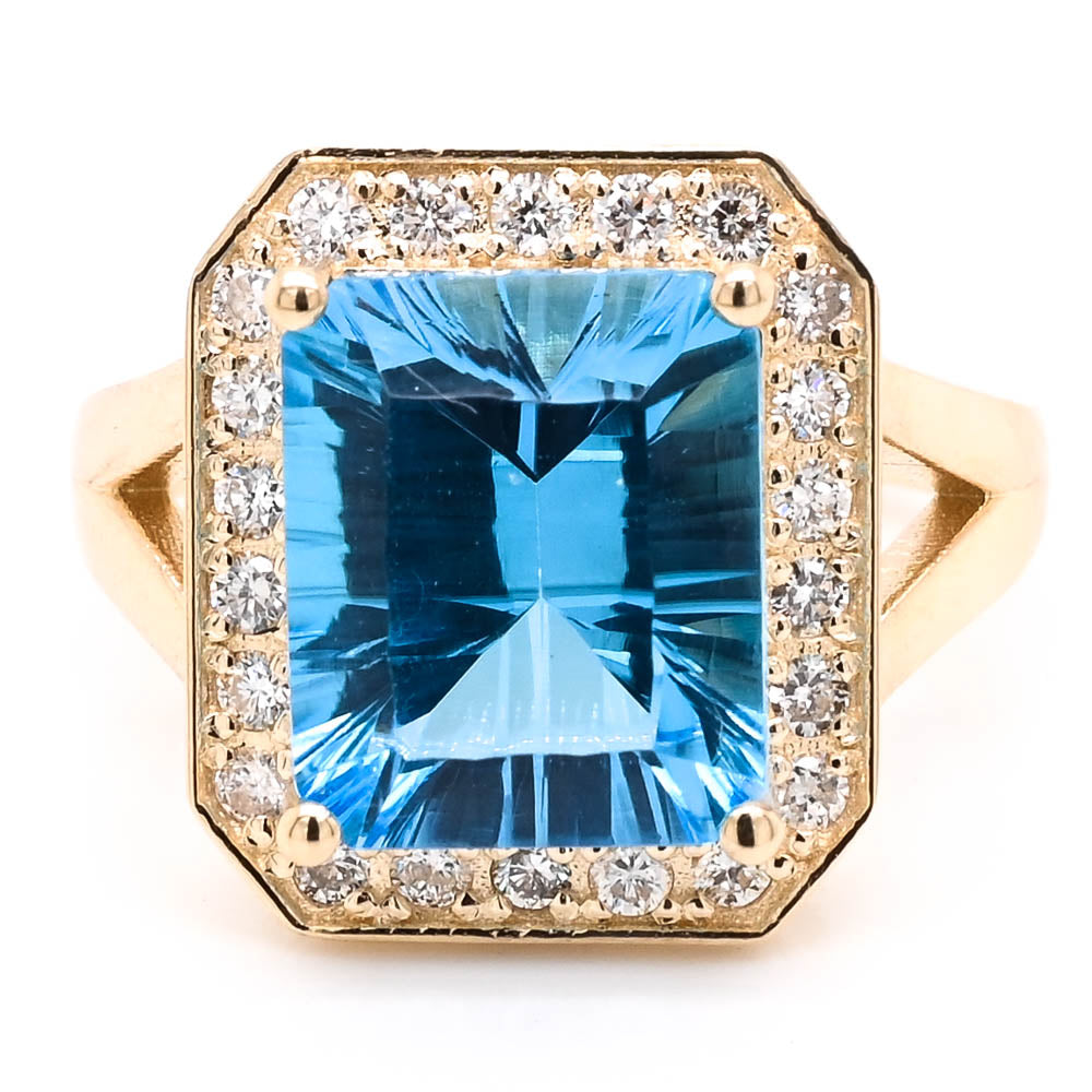 Graziella 14KT Yellow Gold 5.50CT Blue Topaz &amp; Diamond Halo Ring - Size 6.75