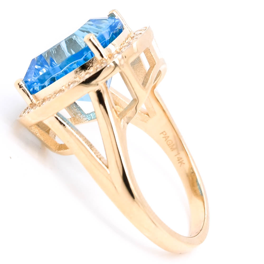 Graziella 14KT Yellow Gold 8.40CT Blue Topaz &amp; Diamond Halo Ring - Size 6.75