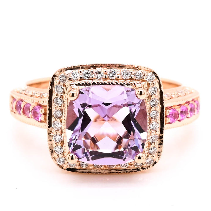 Graziella 14KT Rose Gold 2.00CT Lilac Quartz, Pink Tourmaline &amp; Diamond Halo Ring - Size 6.5