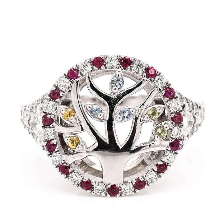 Graziella 10KT White Gold Multi Coloured Gemstone &amp; Diamond Tree Ring - Size 8.75
