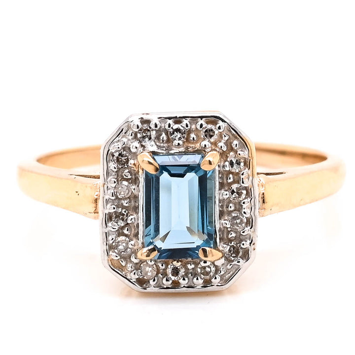 Graziella 10KT Yellow Gold Blue Topaz &amp; Diamond Halo Ring - Size 7.75