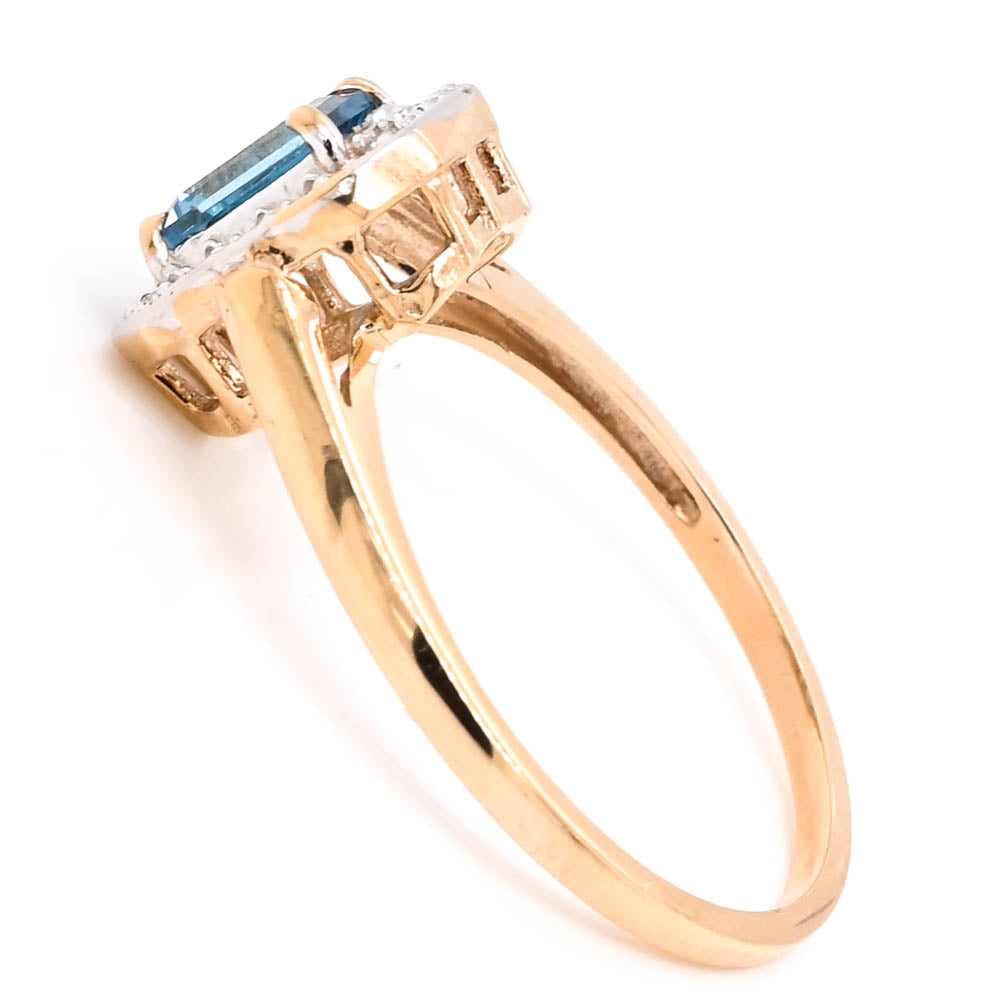 Graziella 10KT Yellow Gold Blue Topaz &amp; Diamond Halo Ring - Size 7.75
