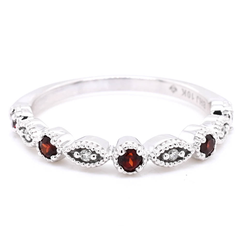 Graziella 10KT White Gold Garnet &amp; Diamond Band - Size 6.25