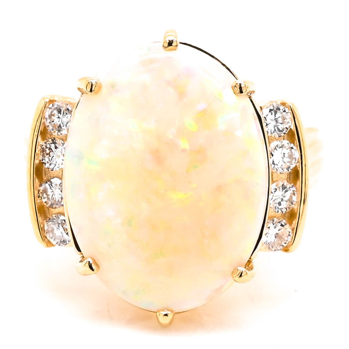 Graziella 14KT Yellow Gold 3.83CT Oval Cabochon Opal &amp; Diamond Ring - Size 6.5