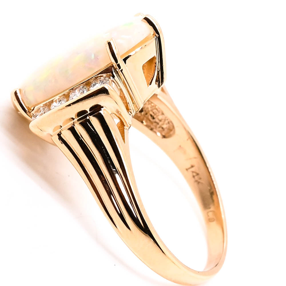 Graziella 14KT Yellow Gold 3.83CT Oval Cabochon Opal &amp; Diamond Ring - Size 6.5