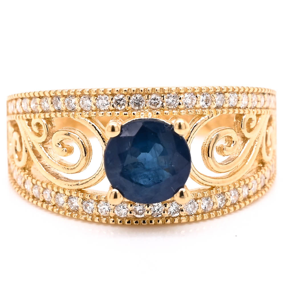 14KT Yellow Gold 0.80CT Round Brilliant Blue Sapphire &amp; Diamond Ring.