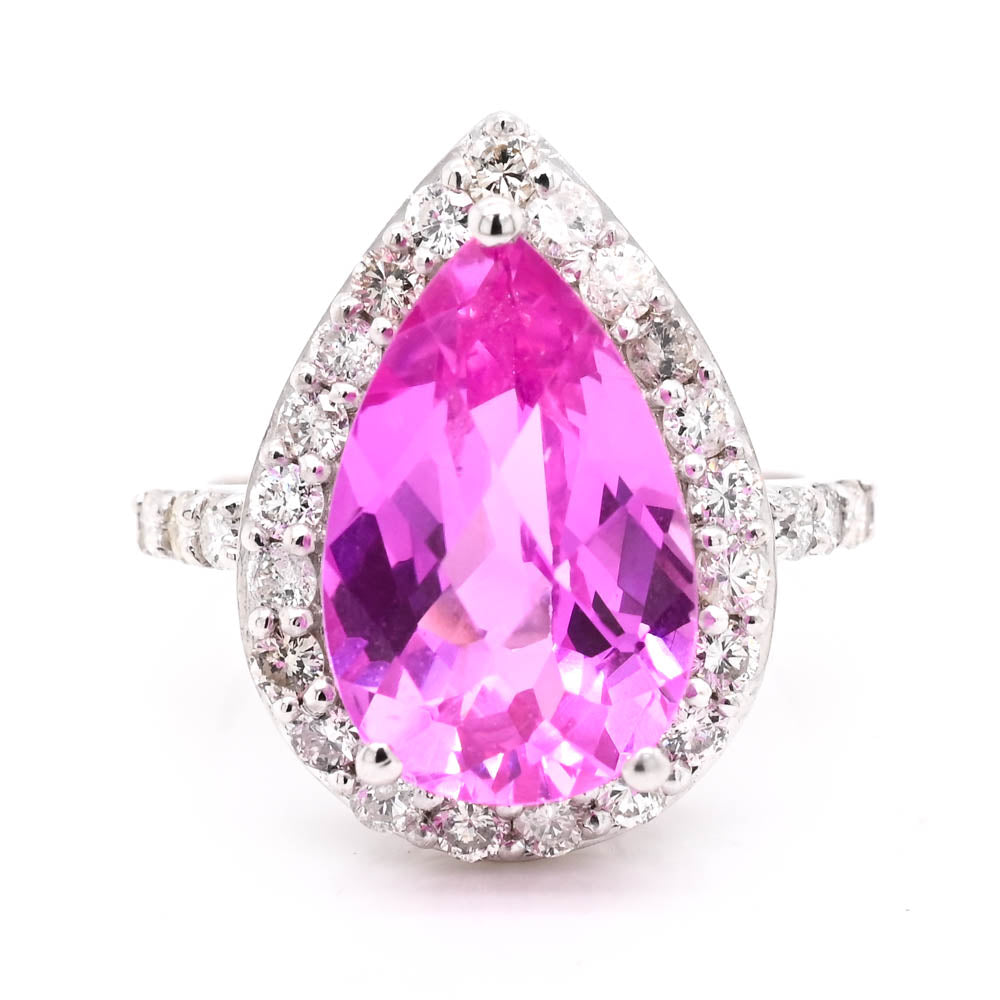 Graziella 10KT White Gold Pear Pink Topaz &amp; Diamond Halo Ring - Size 5.5