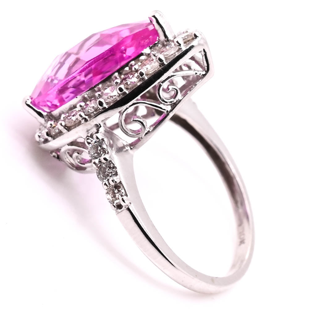 Graziella 10KT White Gold Pear Pink Topaz &amp; Diamond Halo Ring - Size 5.5