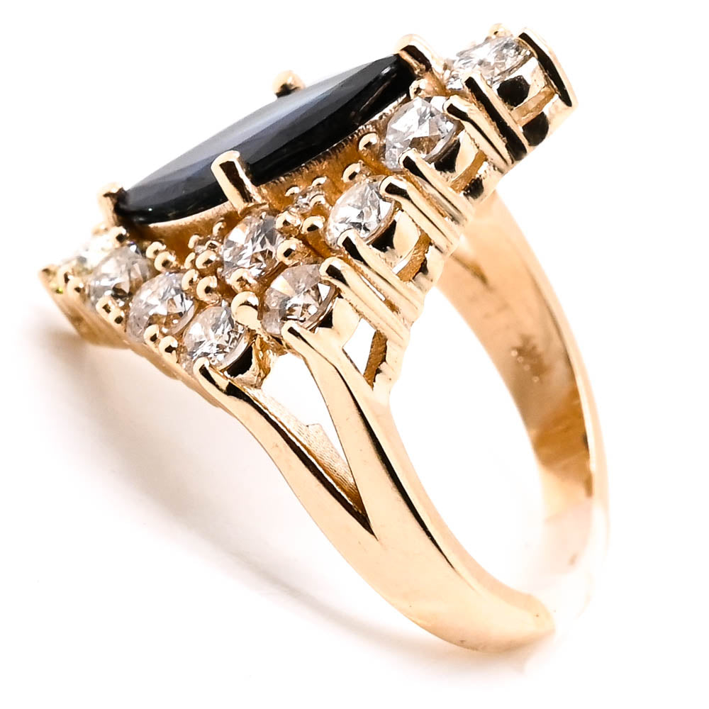 14KT Yellow Gold 2.48CT Marquise Shaped Blue Sapphire &amp; Diamond Ring.