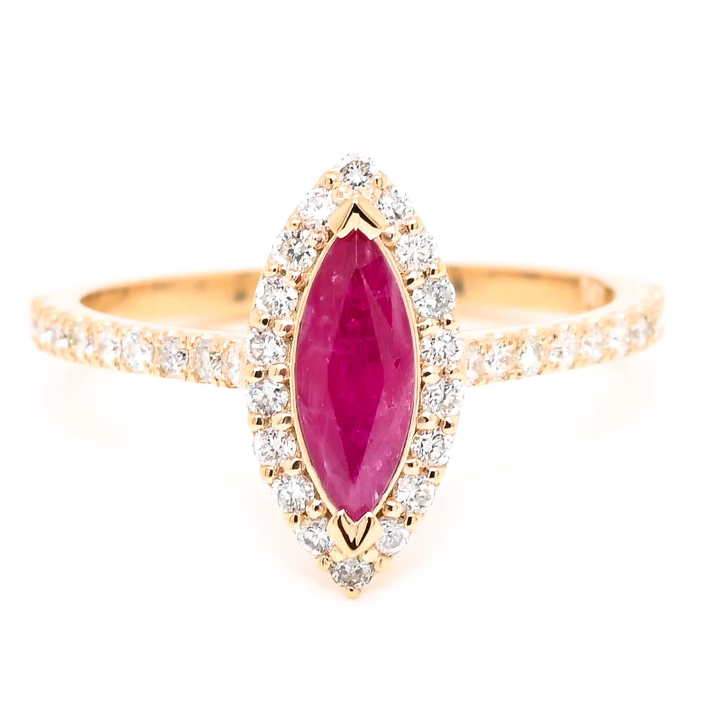 Graziella 14KT Yellow Gold 0.55CT Marquise Ruby &amp; Diamond Halo Ring - Size 6.75
