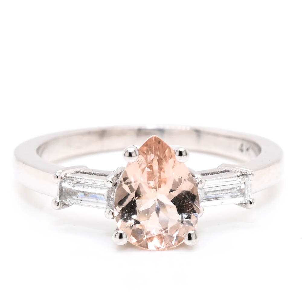 Graziella 14KT White Gold 0.90CT Pear Morganite &amp; Diamond Trinity Ring - Size 6.5