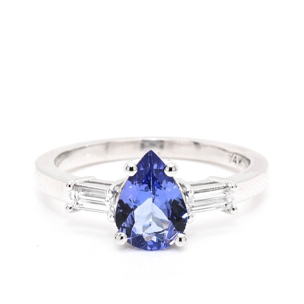 Graziella 14KT White Gold 1.01CT Pear Tanzanite &amp; Diamond Trinity Ring - Size 6.5