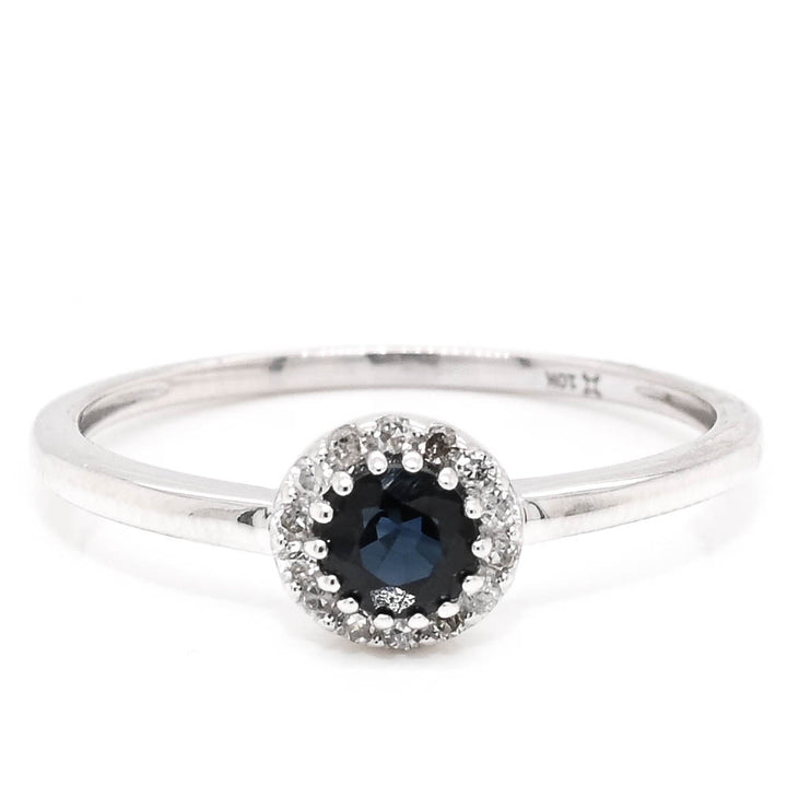 Graziella 10KT White Gold 0.25CT Round Brilliant Blue Sapphire &amp; Diamond Ring - Size 6