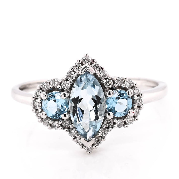 Graziella 10KT White Gold Aquamarine &amp; Diamond Ring - Size 6.25