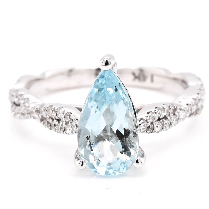 Graziella 14KT White Gold 0.85CT Pear Shape Aquamarine &amp; Diamnd Ring.