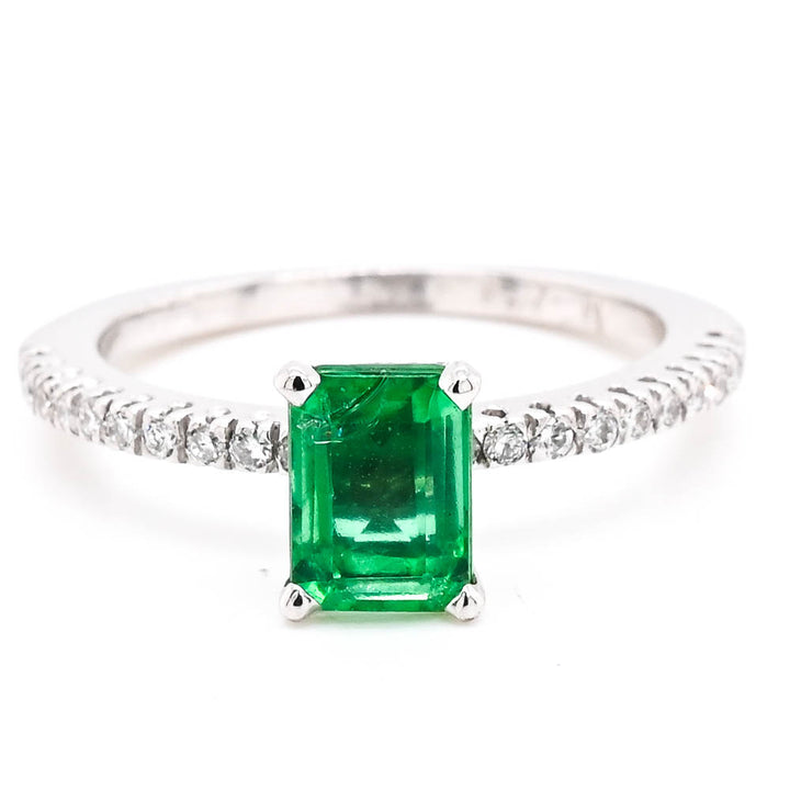 Graziella 14KT White Gold 0.86CT Emerald & Diamond Accent Ring.