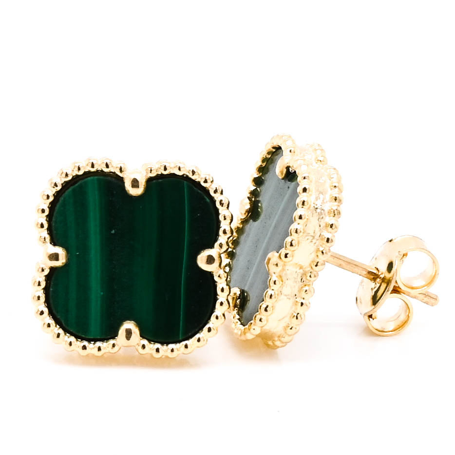 10KT Yellow Gold Malachite Flower Earrings.
