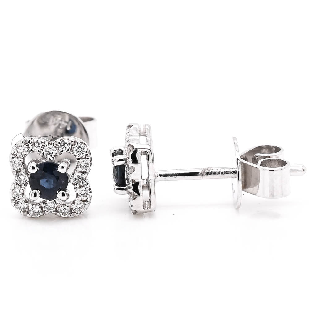 14KT White Gold 0.29CTW  Blue Sapphire &amp; Diamond Halo Set Earrings.