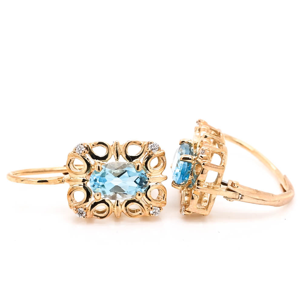 10KT Yellow Gold  1.00CTW Swiss Blue Topaz&amp; Diamond Leverback Earrings.