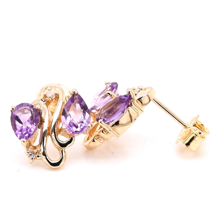 Graziella 10KT Yellow Gold Amethyst &amp; Diamond Stud Earrings