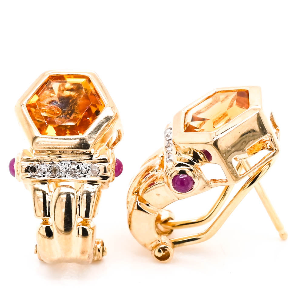 Graziella 14KT Yellow Gold Citrine, Diamond &amp; Cabochon Ruby Drop Earrings