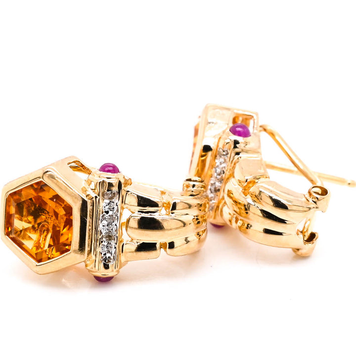 Graziella 14KT Yellow Gold Citrine, Diamond &amp; Cabochon Ruby Drop Earrings