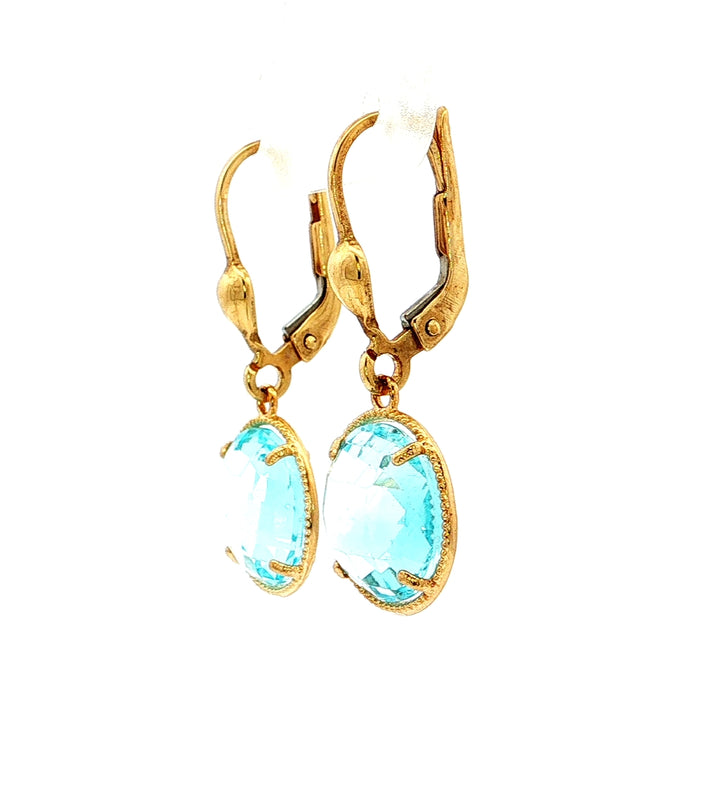 Graziella 10KT Yellow Gold Blue Topaz Leverback Earrings.