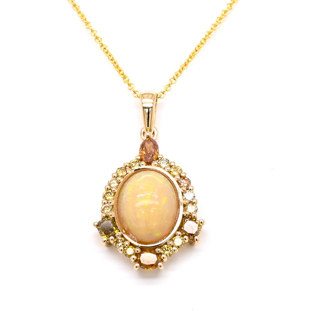 14KT Yellow Gold 18"  2.09CT Cabachon Opal &amp; Diamond Necklace.