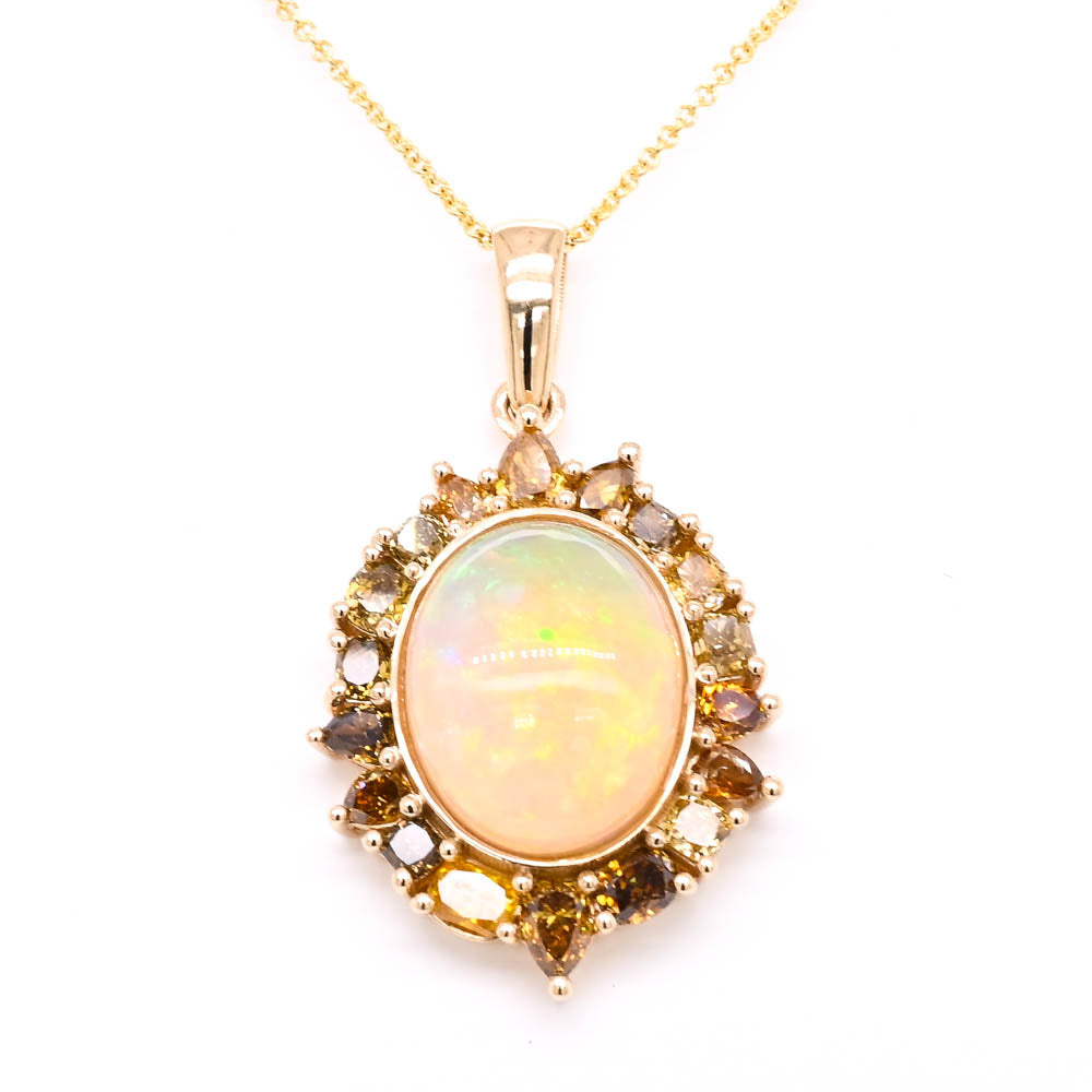 14KT Yellow Gold 18" 4.50CT Cabochon Opal &amp; Diamond Necklace.