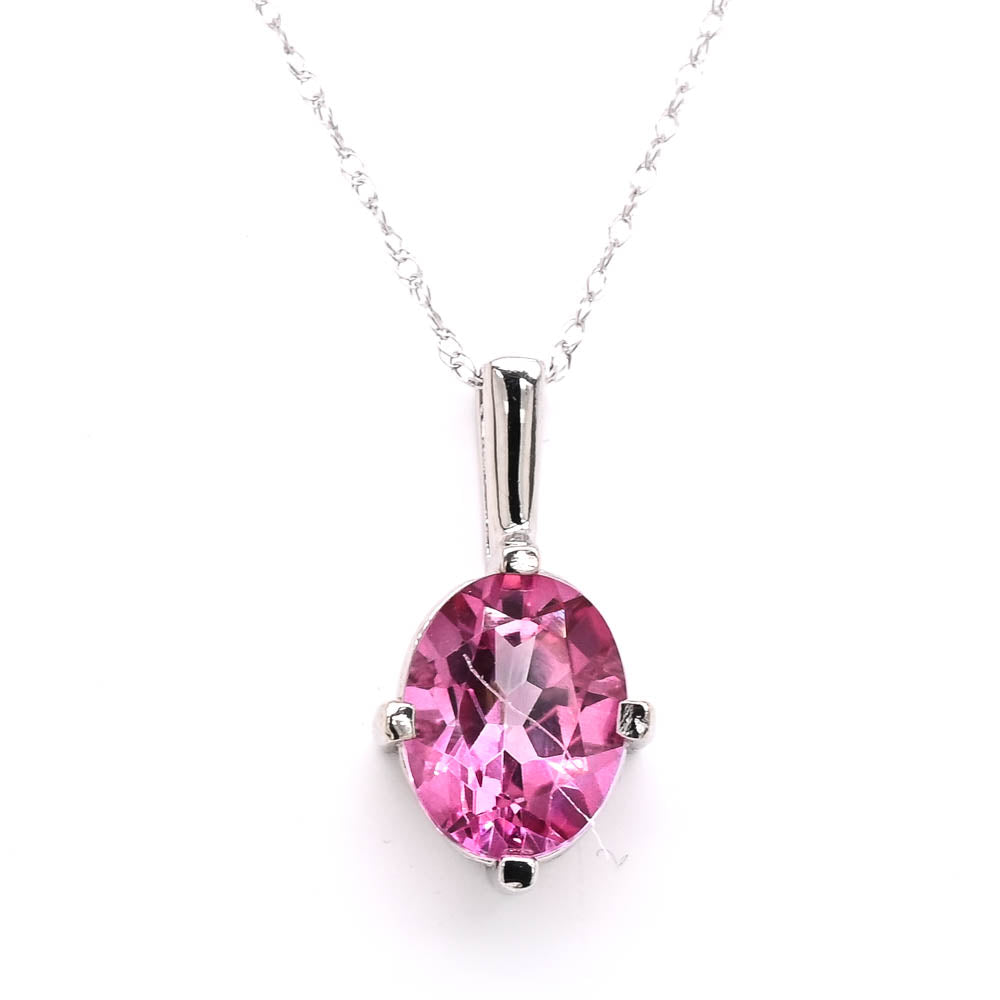 10KT White Gold 18" Oval Shape Pink Topaz Necklace.
