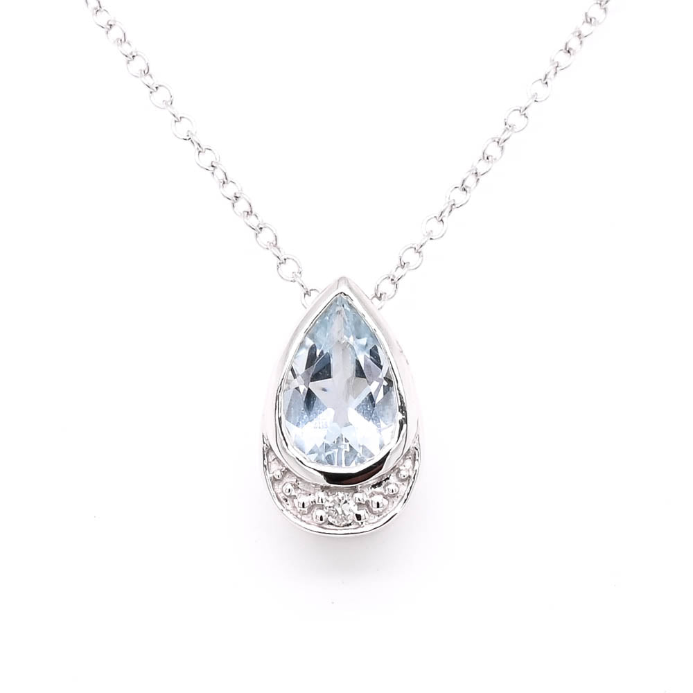 10KT White Gold 18" 0.35CT Aquamarine &amp; Diamond Necklace.