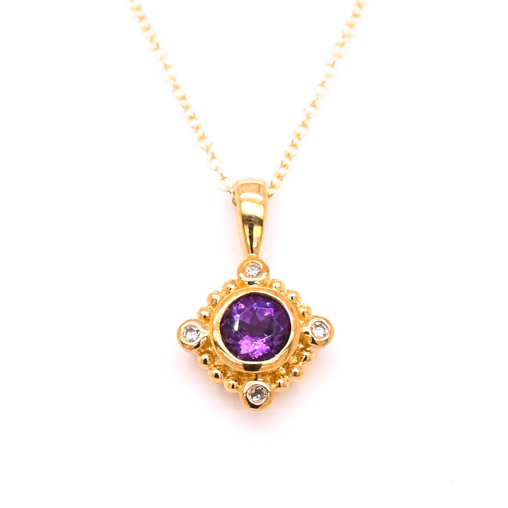 10KT Yellow Gold 18" 0.25CT Amethyst &amp; Diamond Necklace.