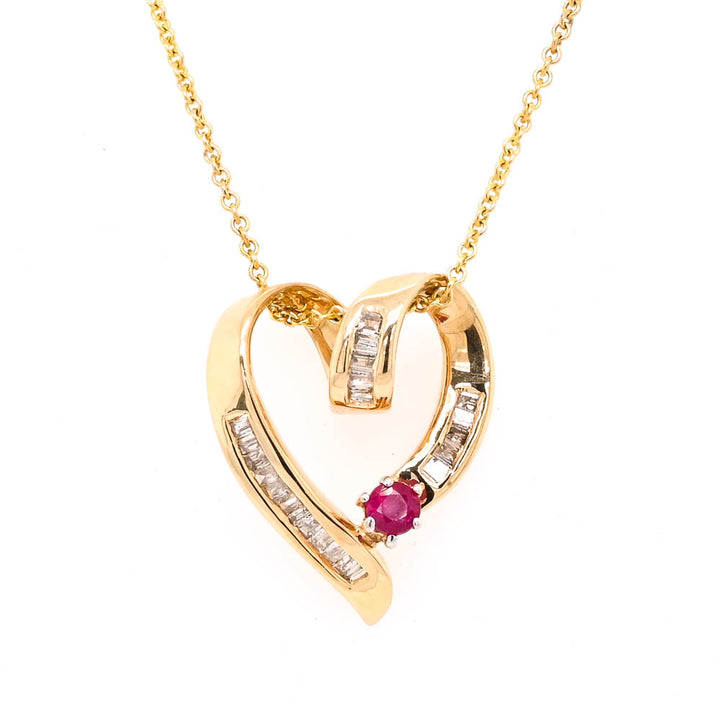 Graziella 14KT Yellow Gold 18"  0.20CT Ruby & Diamond Heart Necklace.