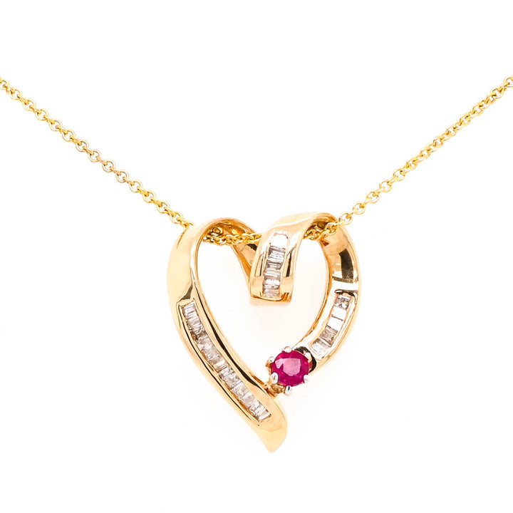 Graziella 14KT Yellow Gold 18"  0.20CT Ruby & Diamond Heart Necklace.