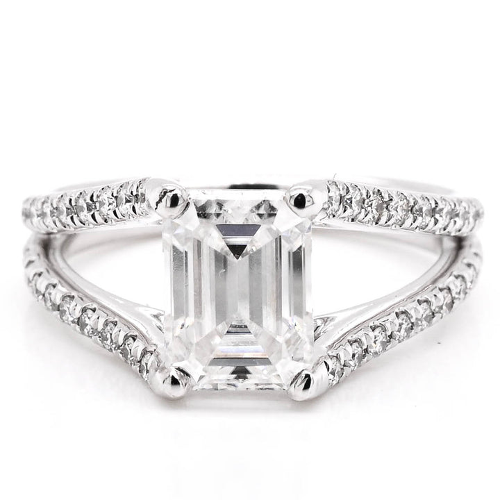 Graziella Platinum Split Shank 7.5x5.5mm Emerald Moissanite &amp; Diamond Accent Ring - Size 4.25
