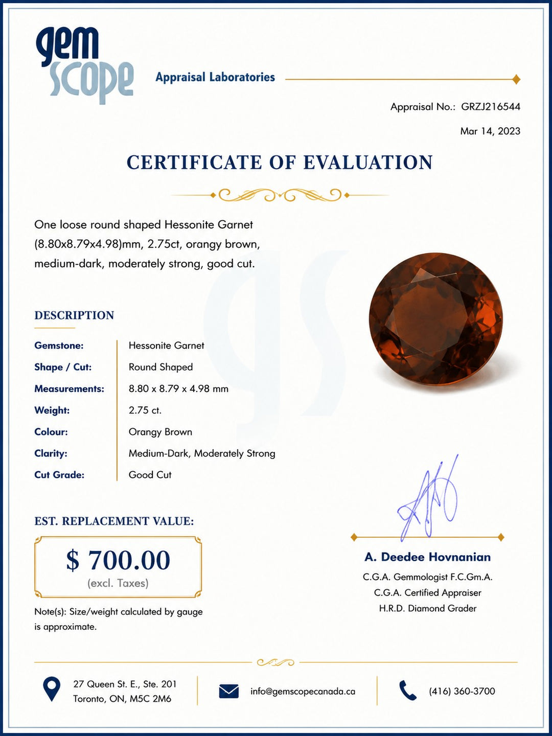2.75CT Round Shape Orangy Brown Medium Dark Good Cut Loose Hessonite Garnet.
