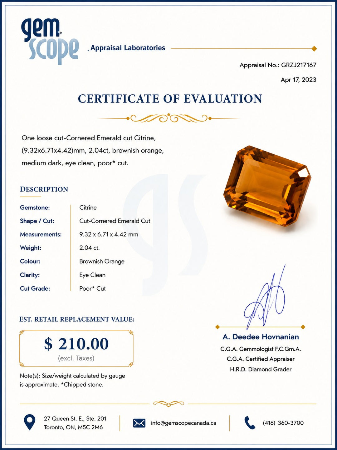 2.04CT Emerald Cut Citrine Loose Gemstone.