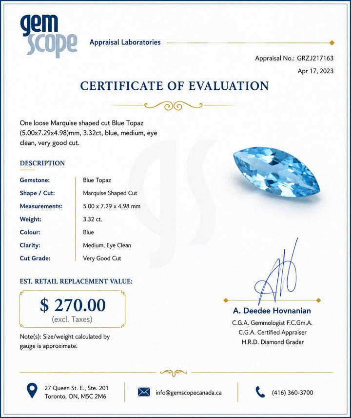 3.34CT Marquise shape Blue Topaz Loose Gemstone.