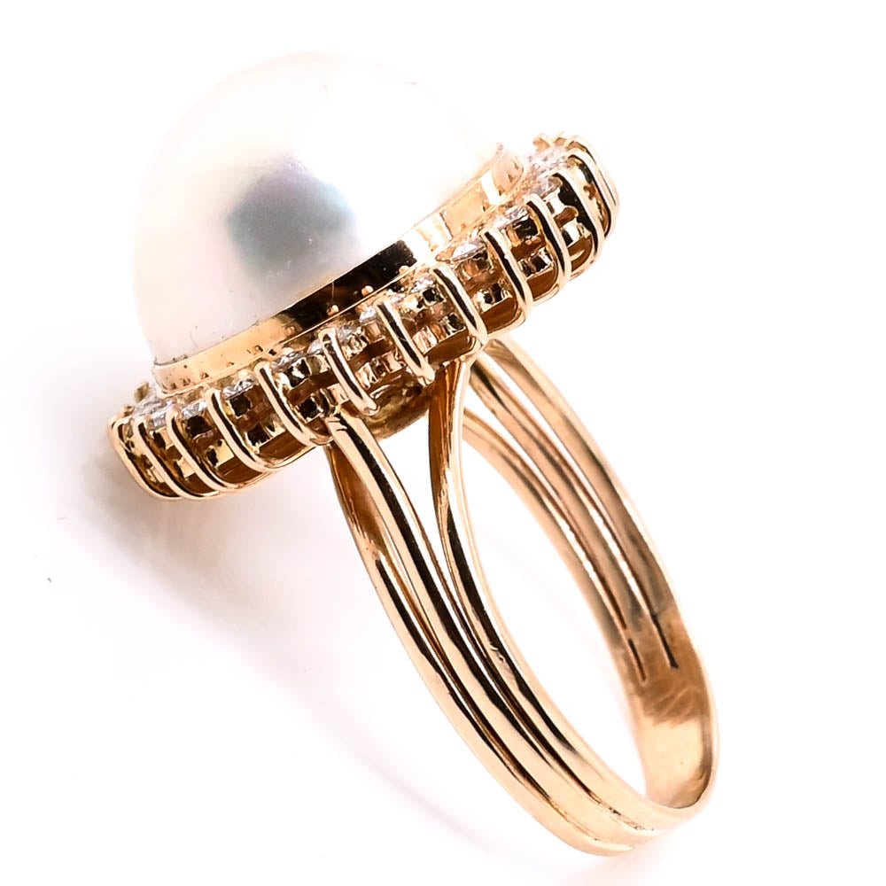 Graziella 14KT Yellow Gold 14mm Mabe Pearl &amp; Diamond Fancy Cocktail Ring - Size 7
