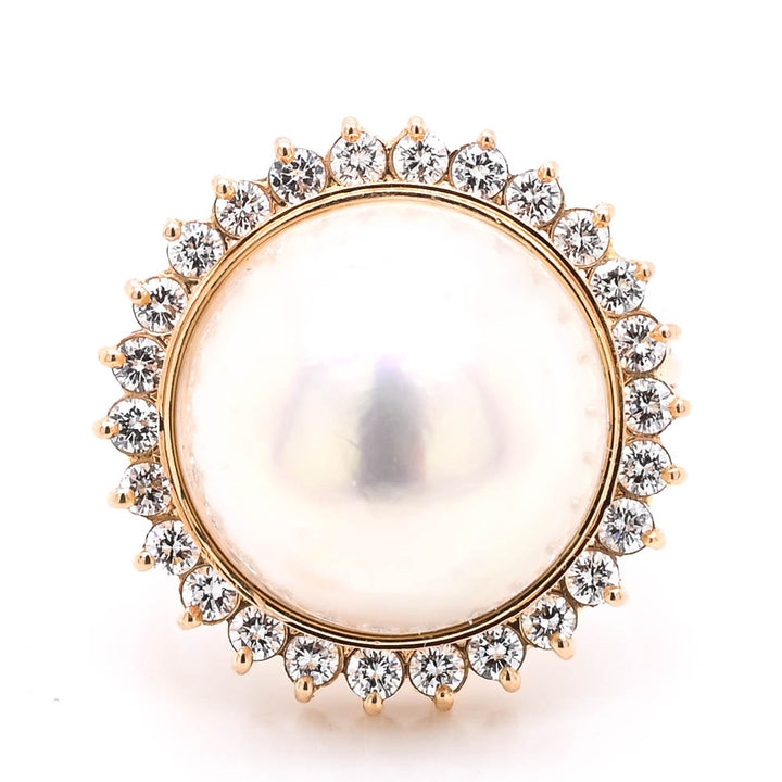 Graziella 14KT Yellow Gold 14mm Mabe Pearl &amp; Diamond Fancy Cocktail Ring - Size 7