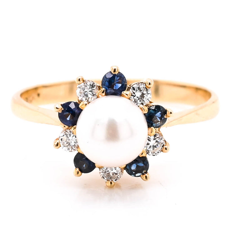 Graziella 14KT Yellow Gold 6mm Freshwater Pearl, Blue Sapphire & Diamo