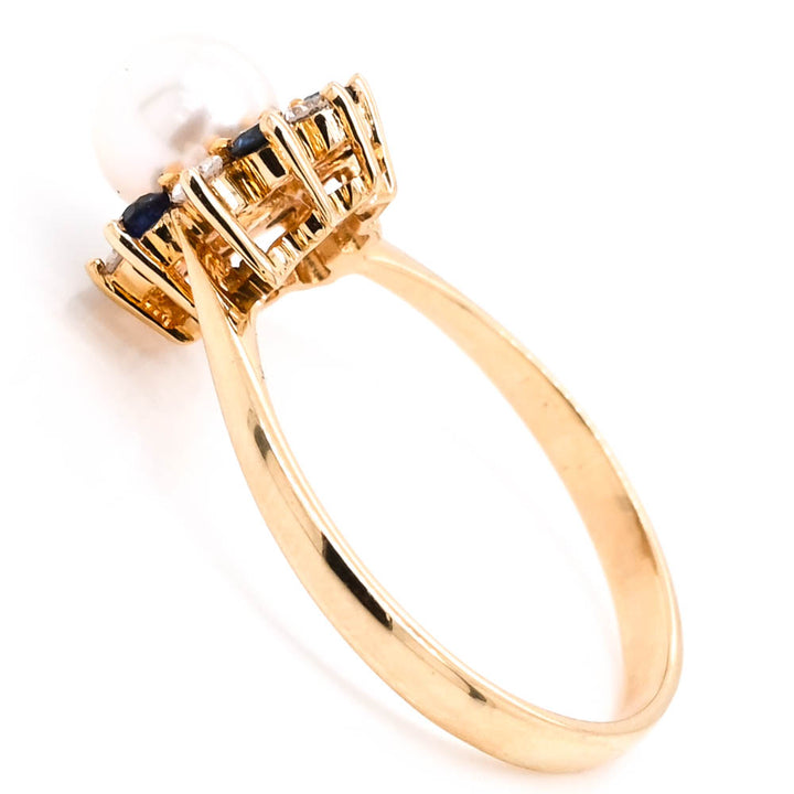 Graziella 14KT Yellow Gold 6mm Freshwater Pearl, Blue Sapphire & Diamo