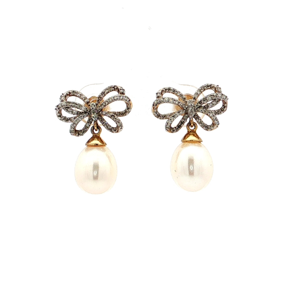 Graziella 10KT Yellow Gold Diamond &amp; Freshwater Pearl Drop Bow Earrings.