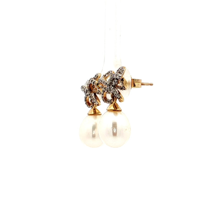 Graziella 10KT Yellow Gold Diamond &amp; Freshwater Pearl Drop Bow Earrings.
